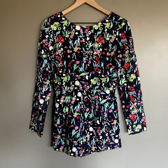 SALONI Florence Playsuit Size 6 Navy Blue Floral Embroidered Silk Long Sleeve - Picture 2 of 16